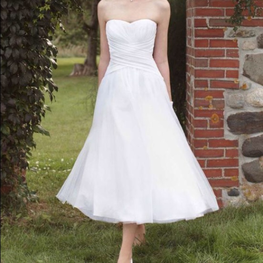 Strapless, midi, A-line, wedding gown